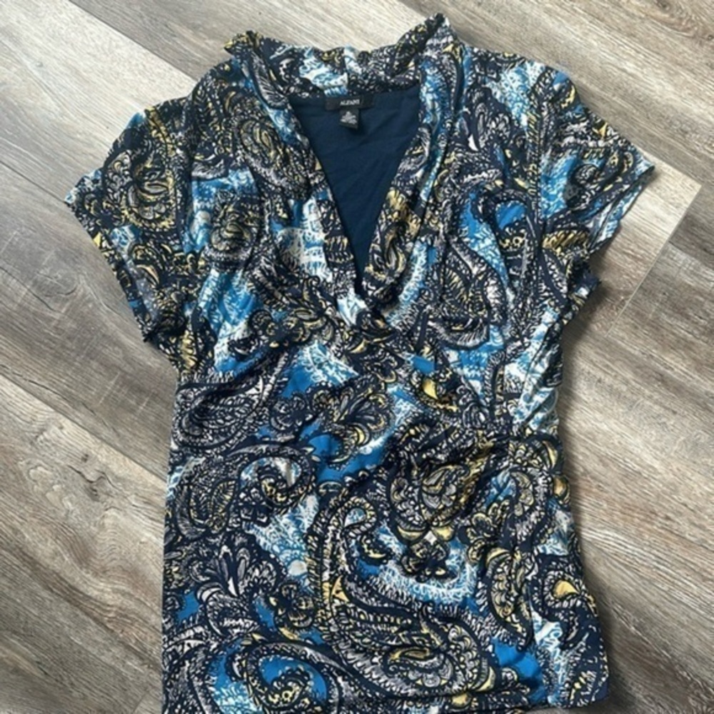 Alfani top XL Blue goldenrod paisley blouse wrap front career top
